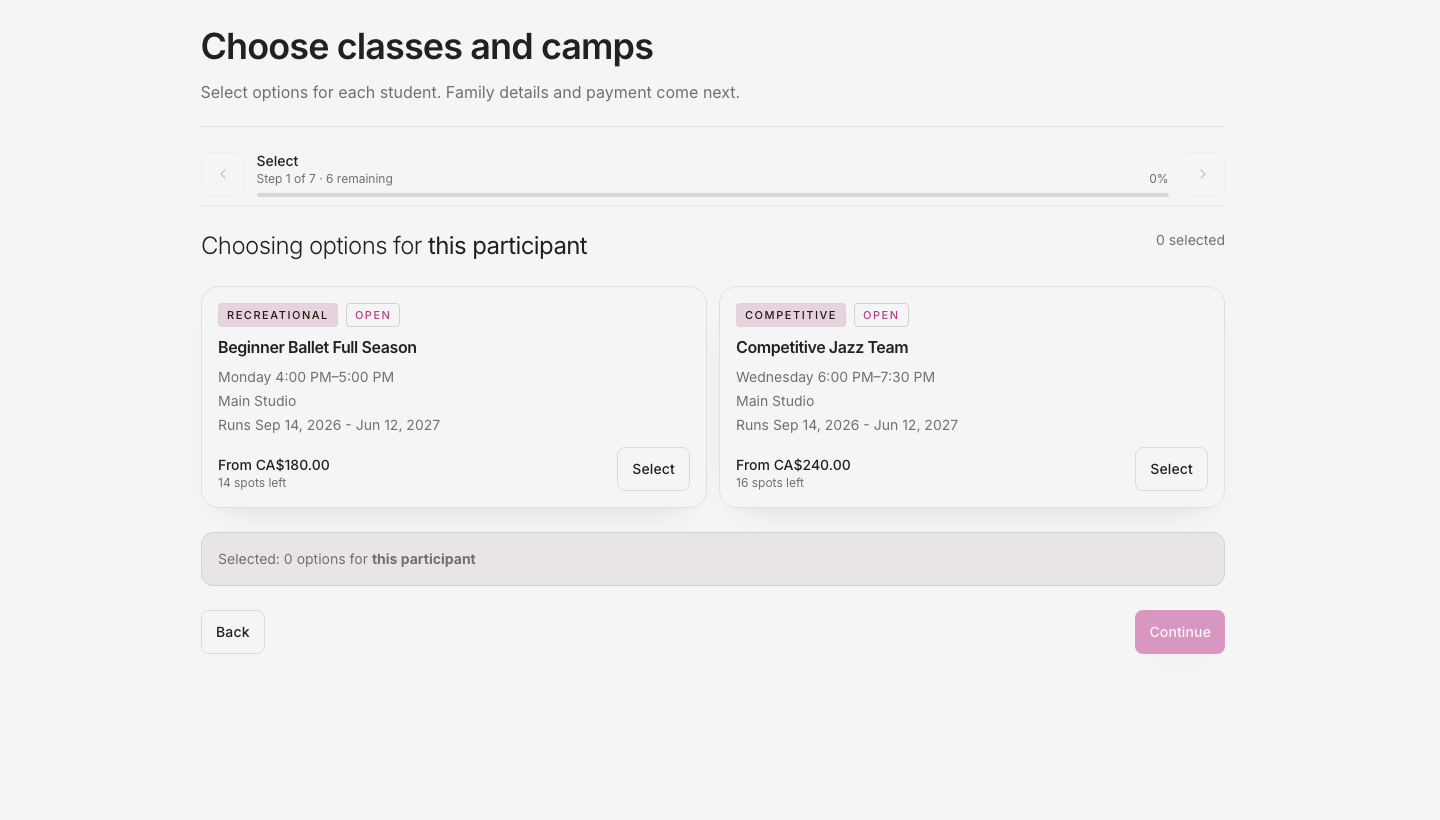 Family registration page showing available classes