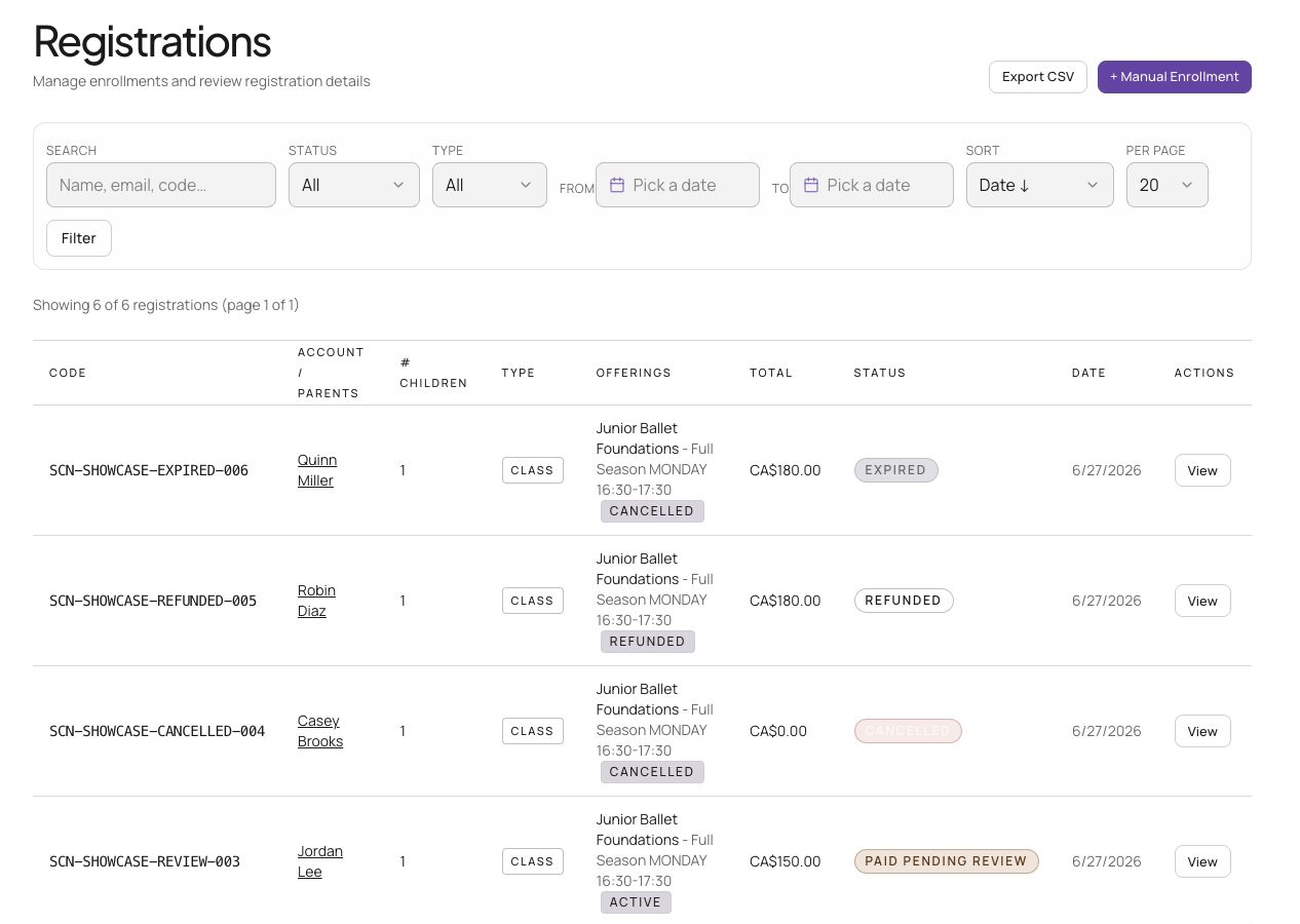 Registration list showing active, refunded, cancelled, and review states
